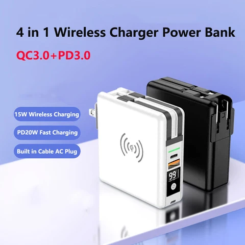 Беспроводной внешний аккумулятор 4 в 1, 10000 мАч, с кабелем, вилкой переменного тока, настенное зарядное устройство PD, 20 Вт, быстрая зарядка для iPhone 16 Xiaomi Samsung Powerbank