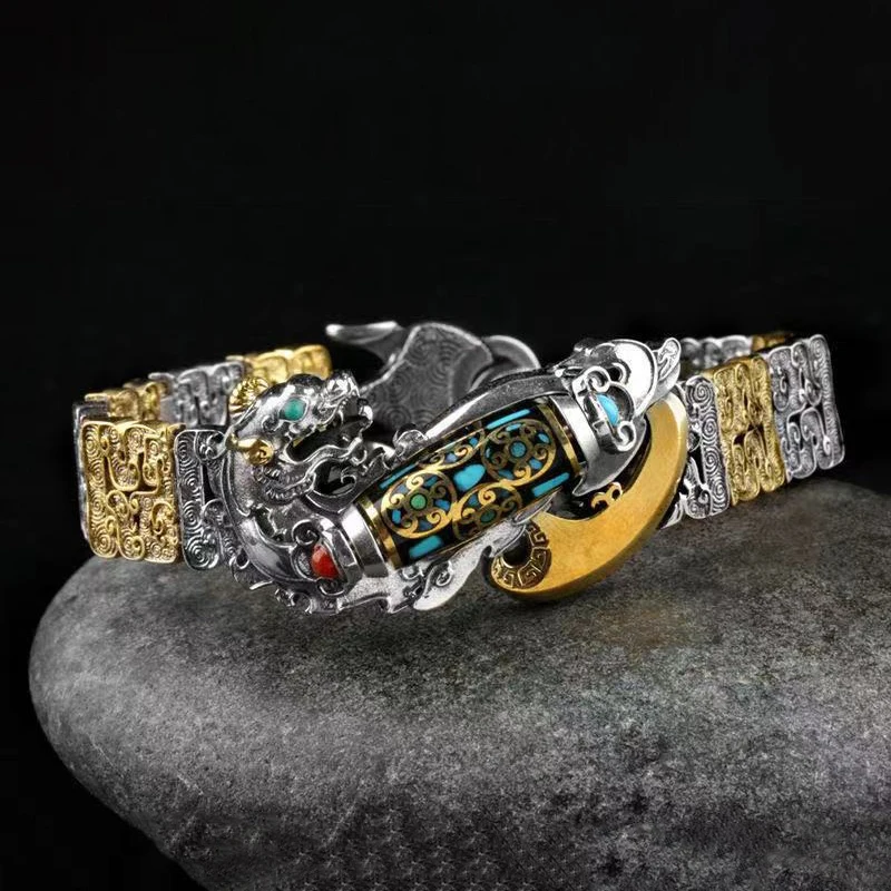 

Nine-Eyed Dzi Bead Mythical Wild Animal Silver Bracelet Three Pronged Buckle Vintage Chain Men Domineering Fashion Jewelry Gift