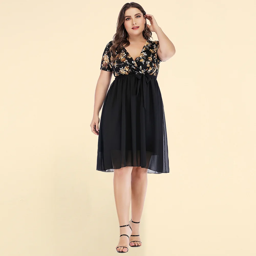 Plus Size Ladies Dress Fashion Elegant Sexy Strap Lace Splice Chiffon V-neck Short Sleeve Skirt Women's Clothing XL-5XL Oversiz