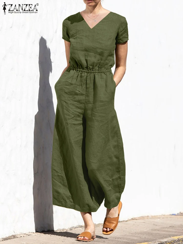

ZANZEA Women Summer Solid Jumpsuit V-Neck Short Sleeve Button Pockets Belt Rompers Elegant Vintage Casual Oversized Holiday Pant