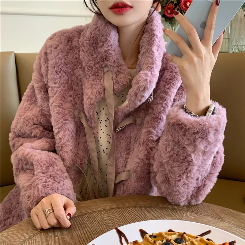 2022 Ladies Fashion Casual Warm Thick Jacket Mid-length Faux Lamb Fur Jacket Loose Winter Bandage Ladies Furry Faux Fur Jacket