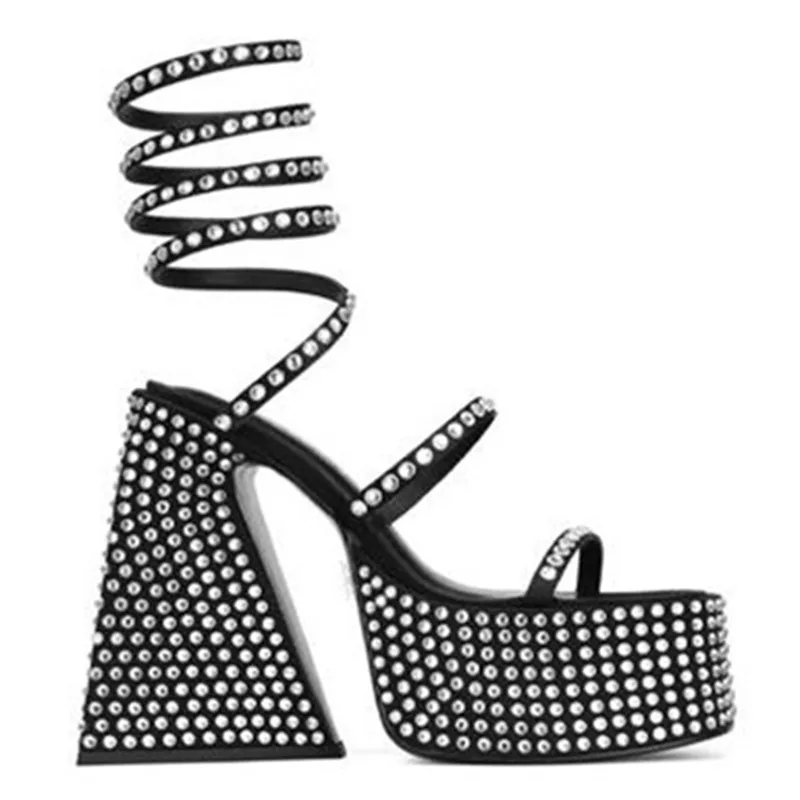 

2022 Summer New Platform Thick Heel Rhinestone Women's Sandals Bling Bling First Layer Leather Fashion Women's Shoes