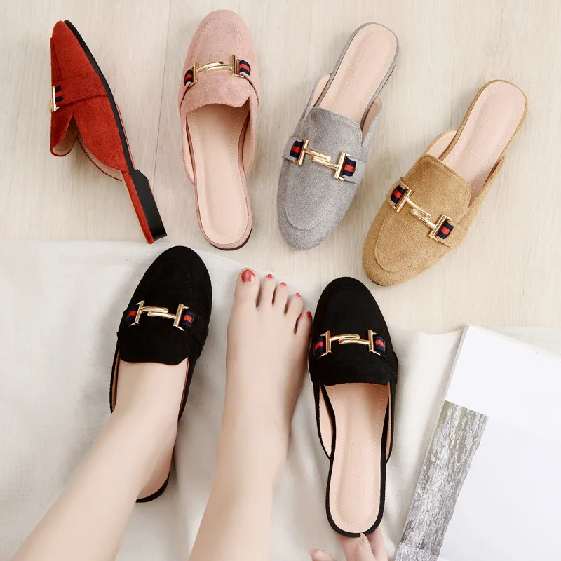 

Shoes Low Woman's Slippers Luxury Slides Loafers Cover Toe Female Mule Flock 2022 Designer Mules Flat Fabric Fashion Rome PU TPR