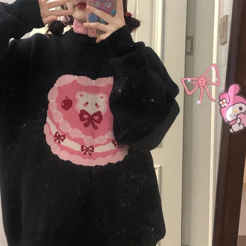 

Deeptown Korean Style Cute Kawaii Cartoon Print Knitted Sweater Women Preppy Fashion Pink Long Sleeve Oversize Jumper Pullover