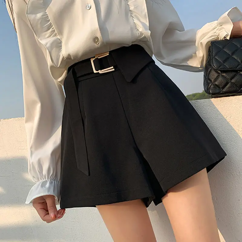 Black suit shorts women's summer 2022 new high-waisted thin a-line wide-leg pants loose  straight pants