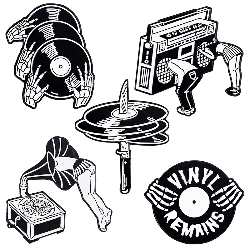 Creepy Music Enamel Pins Punk Gothic Vinyl Records Phonograph Brooches Backpack Clothes Lapel Badges Halloween Jewelry Gift