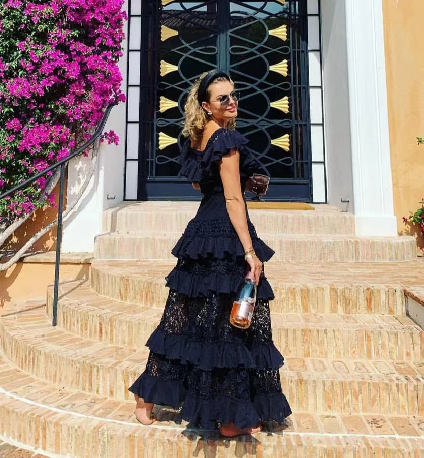 

2023 Spring Summer White Black Green Embroidery Hollow Out Off the Shoulder Quality Women Maxi Long Party Dresses