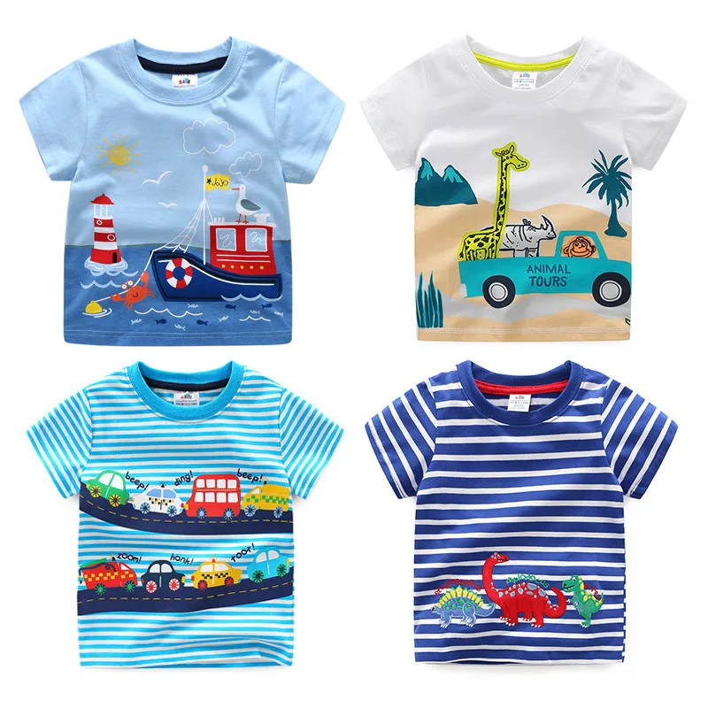 2023 Summer 2-10T Children'S Birthday Clothing Dinosaur Car Striped Print Short Sleeve Basic Tops Cartoon T Shirt For Kids Boy