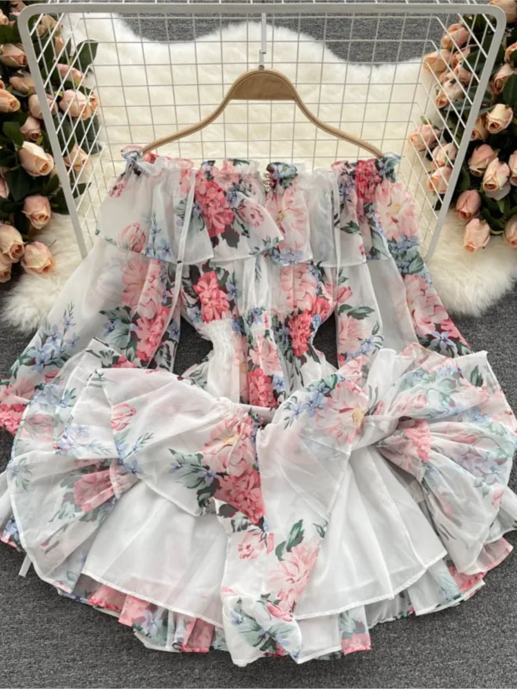 

Summer Autumn Sexy Spaghetti Strap Mini Chiffon Dress Women Long Sleeve Beach Vacation Flare Ruffle Vestidos