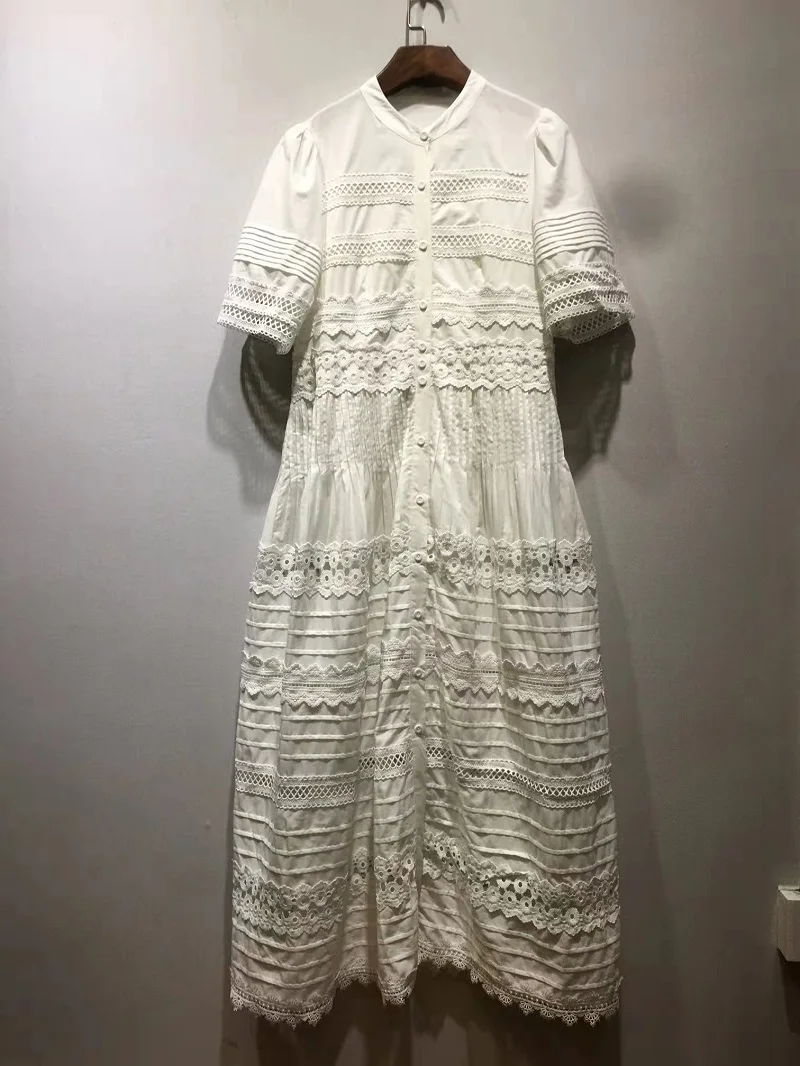 

High Quality Cotton Dress 2022 Summer Women Hollow Out Lace Embroidery Short Sleeve Mid-Calf Casual Vintage White Dress Vestido