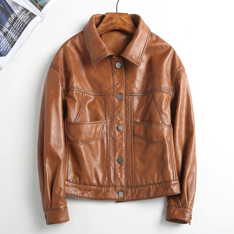 Women's Retro Leather Jackets Solid Biker Jacket Single-Breasted Motorcycle Coats Pockets 2022 New Autumn CL4034