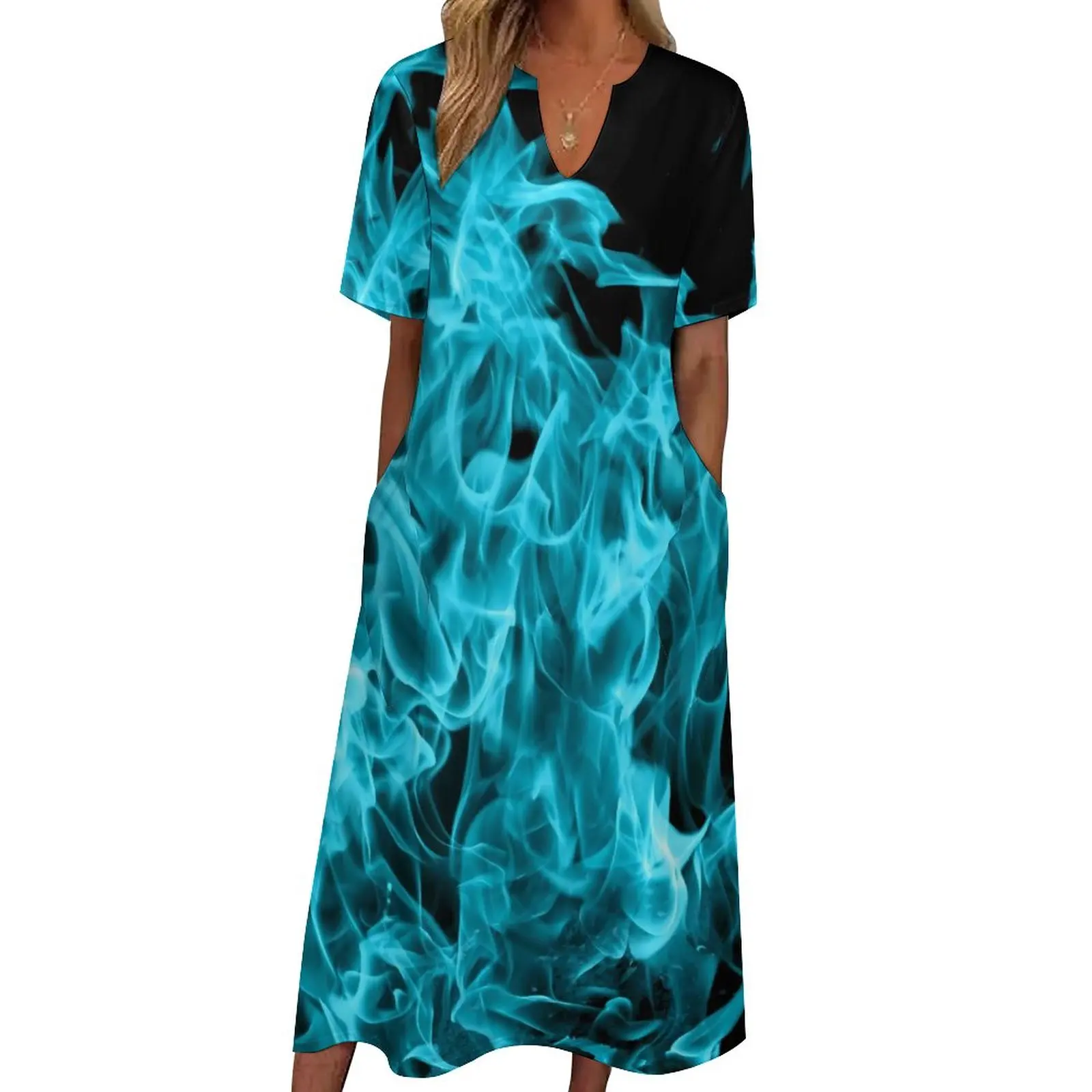 

Fire Aqua Flames Dress Spring Blue Fire Print Street Fashion Bohemia Long Dresses Female Custom Cute Maxi Dress Big Size 4XL