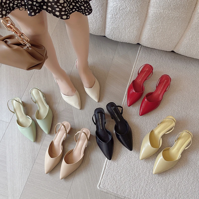 

Summer Women Sandals Simple Pointed Toe Mid Heel Block Heel High Heels Fashion Slingback Pumps Elegant Party Dress Shoes 6 Color