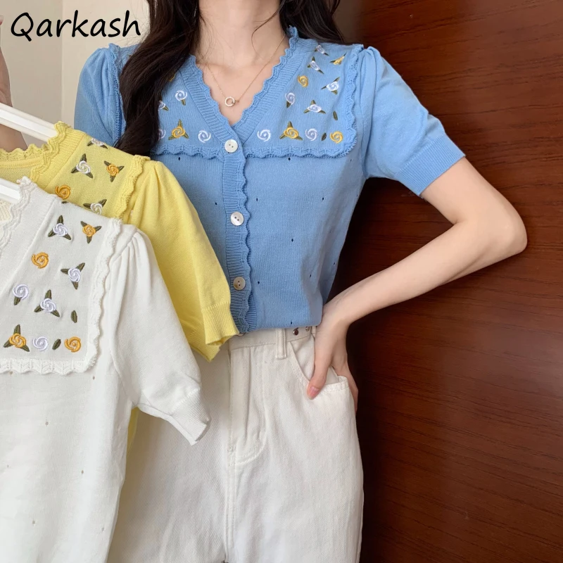 

Short Sleeve Cardigan Women Cropped Flower Embroidery Retro Kawaii Ulzzang Summer Thin French Style Elegant Prairie Girlish Knit