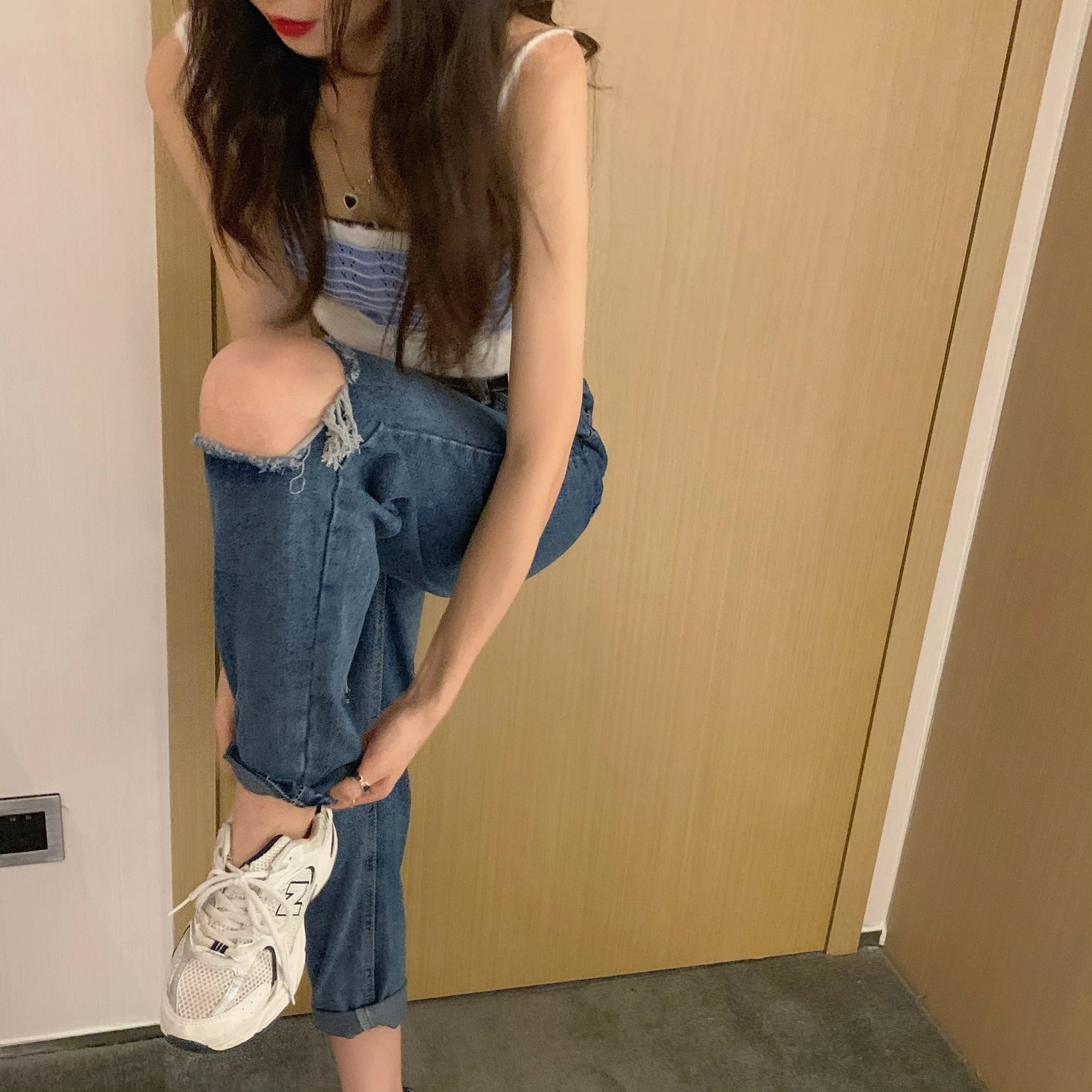 High Waisted Ripped Hole Jeans for Women Fashion Trends Gothic Streetwear Teenage Girl Punk Style Denim Pants Distressed Clothes
