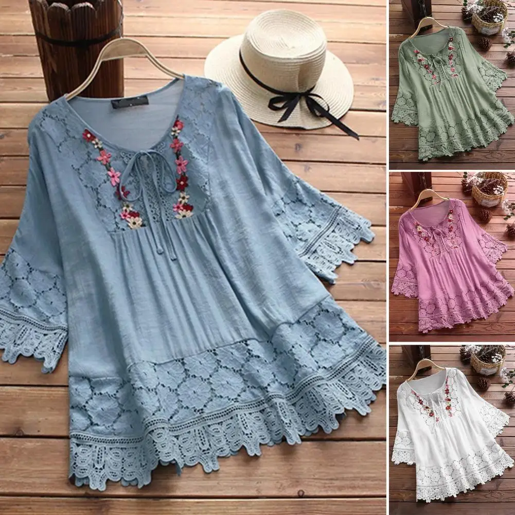 

Casual Women Shirt V-Neck 3/4 Sleeves Lace-up Summer Shirt Vintage Lace Patchwork Embroidery Flower Decor Blouse Female Clothing