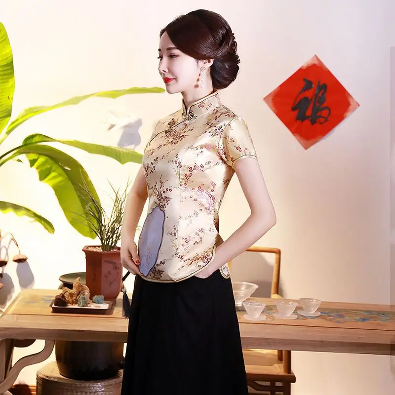 Фото Летняя винтажная футболка Cheongsam, футболка, китайский костюм Тан, женская футболка с короткими рукавами Hanfu, женская одежда, футболки Blusas №5