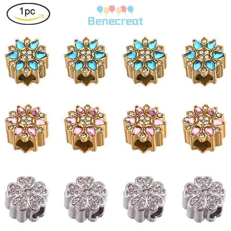 

1PC 304 Stainless Steel European Beads Large Hole Beads with Rhinestone Flower Stainless Steel Color Crystal for Jewelry Making