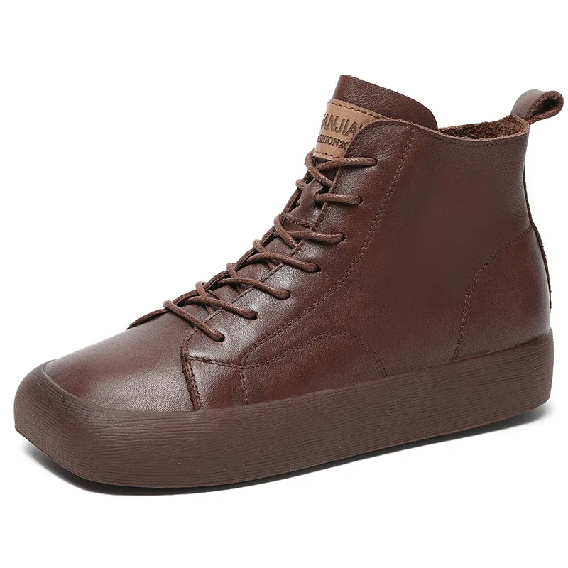 

YourSeason Ladies Shoes Lace-up Round Toe 2022 Flat With Sewing Handmade Concise Leisure Women Platform Genuine Leather Boots