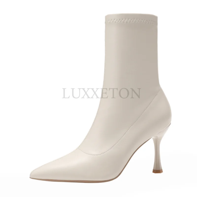 

Women Shoes Stretch Fabric Sock Booties Autumn Mid-Calf Boots Sexy Ladies Thin High Heels Pointed Toe Female Pumps
