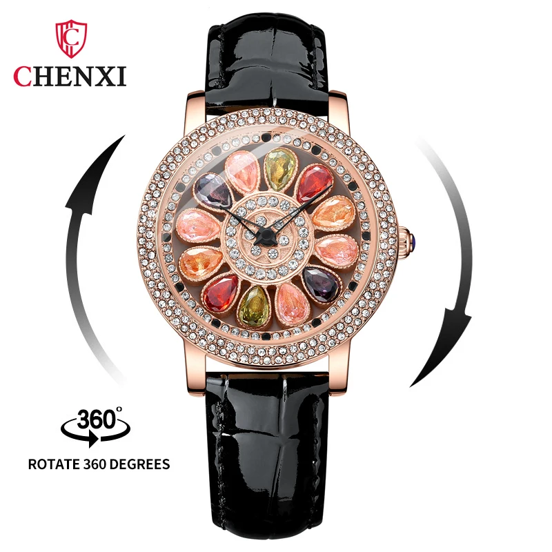 

CHENXI 5809 Dawn Time Comes and Turns Womens Watch Rotating Dial Rose Gold Inlaid Diamond Fashion Trend Quartz Wristwatch