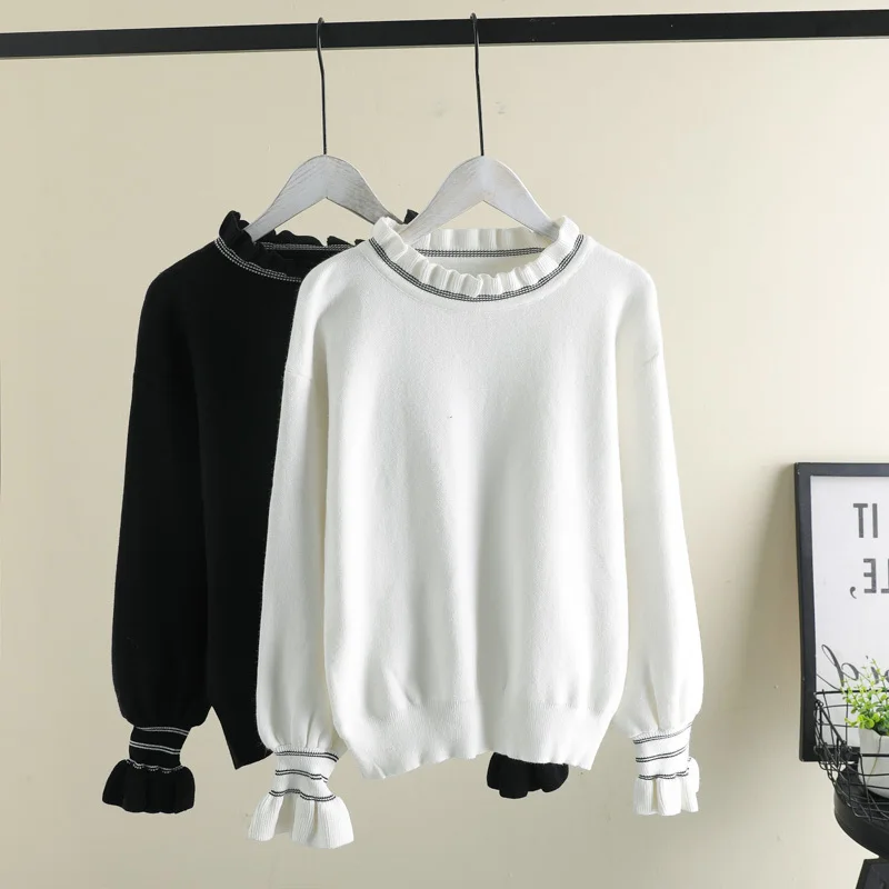 

Ruffles Collar Women Sweaters Chic 2023 New Turtleneck Flare Sleeve Casual Loose Knitwear Sweet Slim Jumper Tops Suter Mujer