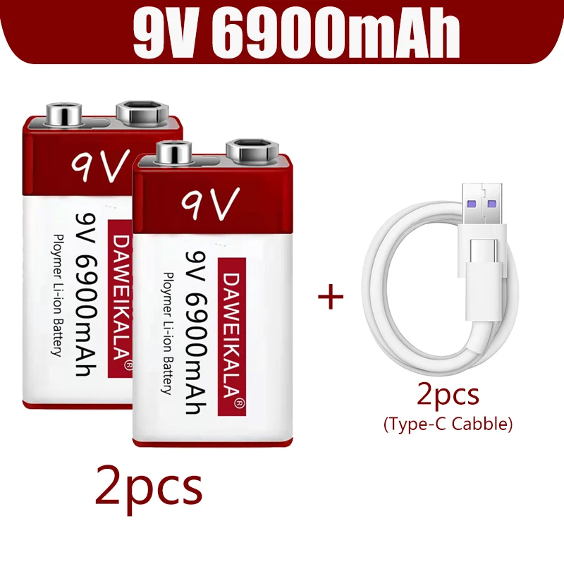 

9V Battery 6900mAh li-ion Rechargeable battery Type-C Batteries 9v USB lithium for Multimeter Microphone Toy Remote Control
