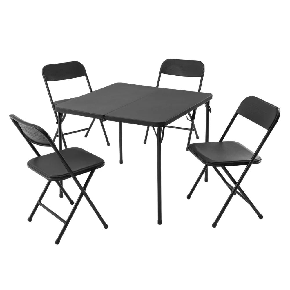 5 Piece Resin Card Table and Four Chairs Set, Black  Camping Equipment  Folding Table Camping