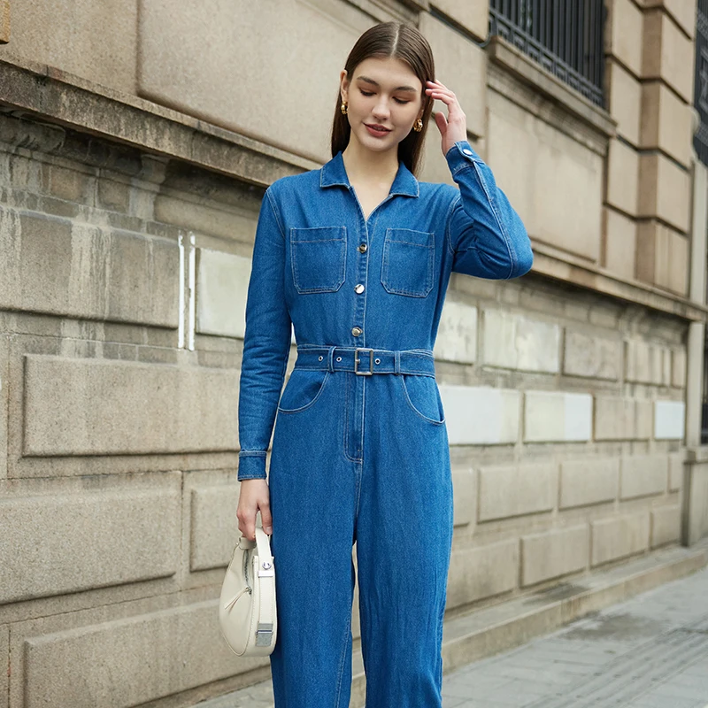Women solid denim overalls classic solid color casual slim clothing