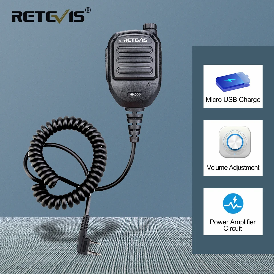 Retevis HK008 2Pin Rechargeable Microphone Mic Speaker Volume PTT Tangent For Kenwood Baofeng UV 5R UV 82 888S RT3S H777 for TYT