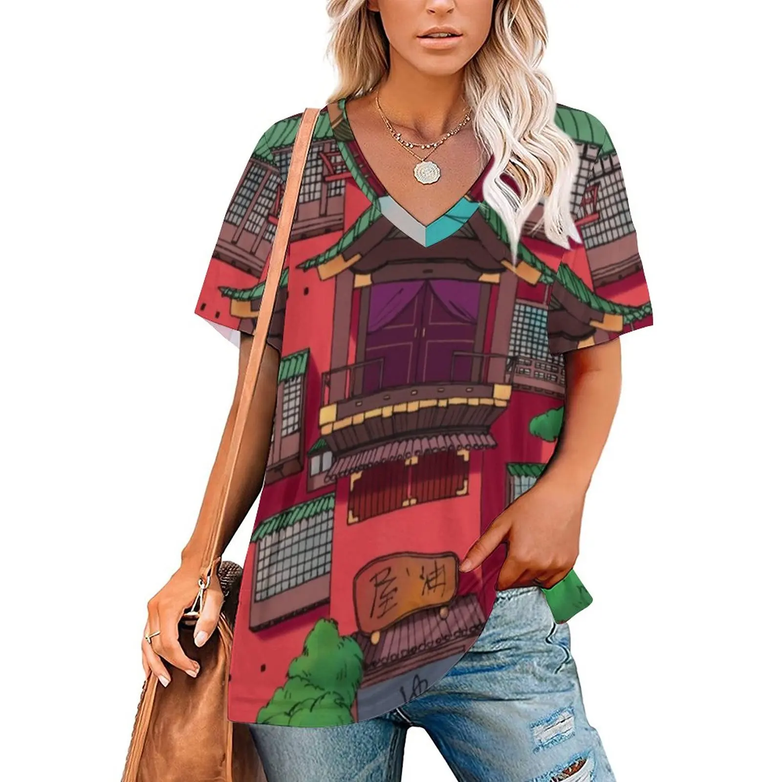 

Spirited Away T-Shirts The Bathhouse Print Street Fashion V Neck T Shirt Short Sleeve Hip Hop Oversize Tee Shirt Graphic Clothes