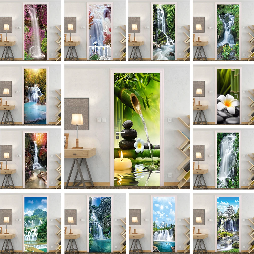 Nature Landscape Waterfall 3D Door Mural Sticker Adhesive Waterproof PVC Whole Door Wrap Cover Apartment Renovation Home Decor