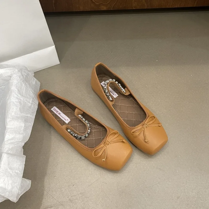 Туфли женские Металлические Блестящие на плоской подошве с квадратным бантом