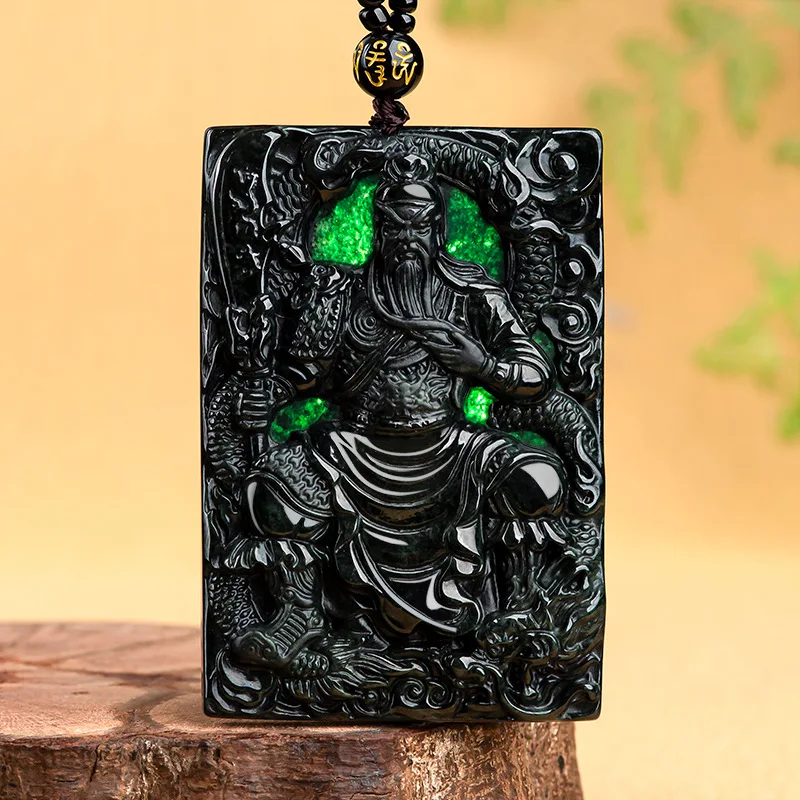 

Burmese Jade Guan Yu Pendant Necklace Luxury Pendants Charm Jewelry Amulet Natural Stone Emerald Black Jadeite Vintage