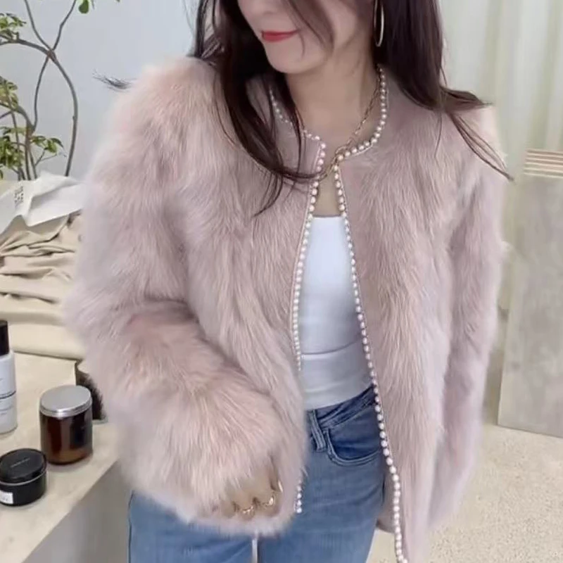 Women's Short Fur Coat 2022 Autumn Winter Fox Fur Korean Style Long Sleeve Jacket Female Beads V Neck High Street Outerwear