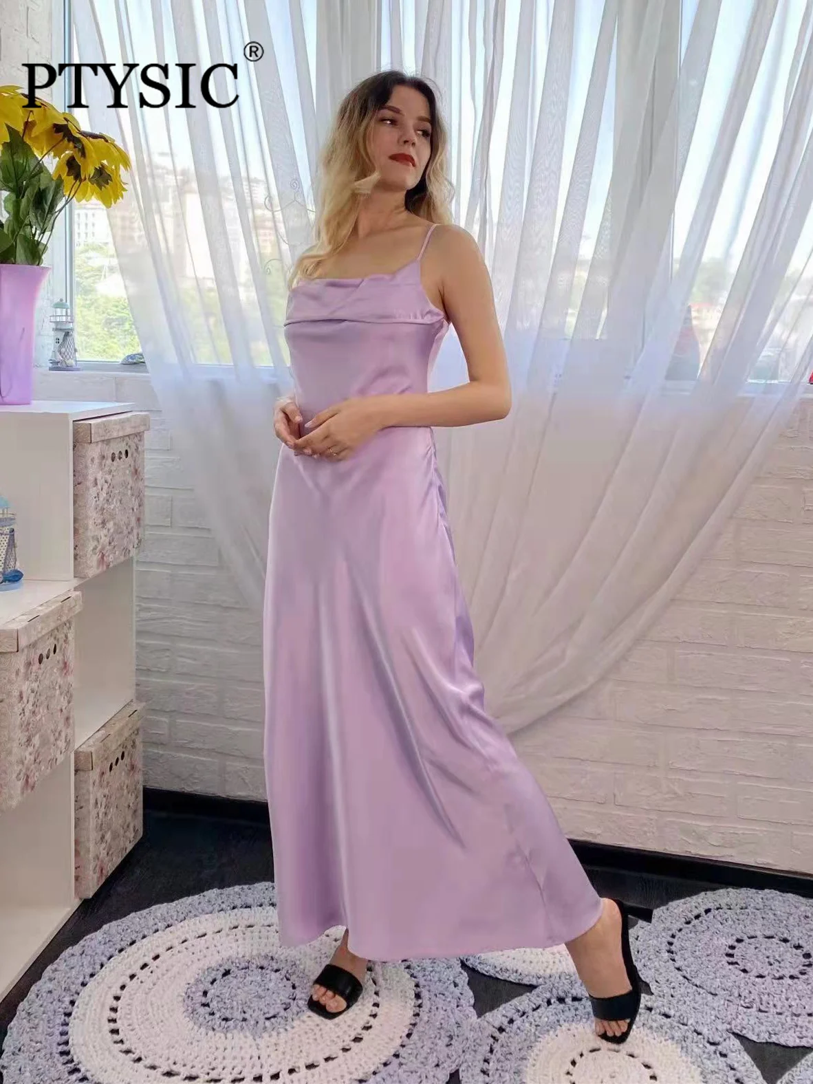 

PTYSIC Women Stylish Solid Back HOLE Silk Satin Camisole Dress Adjustable Straps Split Sexy Elegant Female Vestidos Mujur