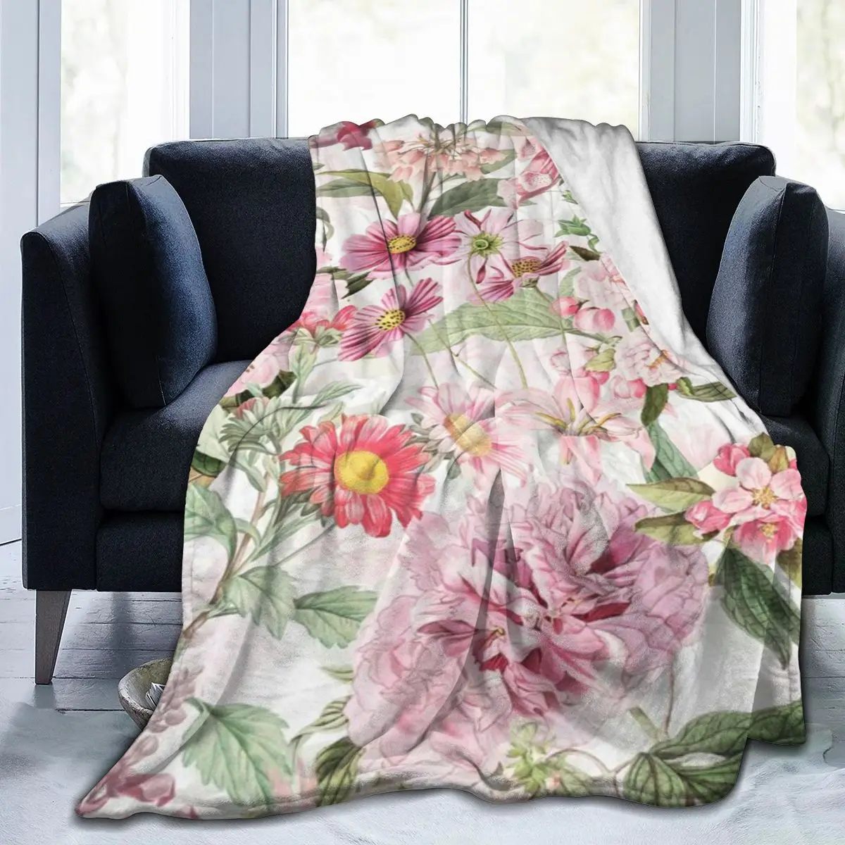 Винтажное ультрамягкое одеяло из микрофлиса с розовым весенним цветком и лугом в