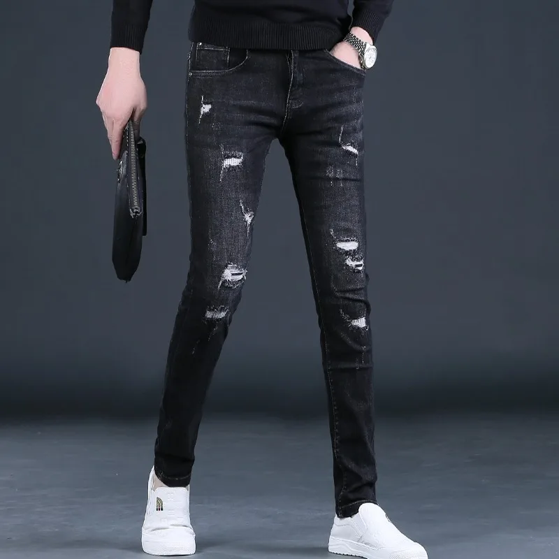 Autumn Black Ripped Jeans Men Fashion Casual Slim Fit Pencil Pants Streetwear Denim Trousers