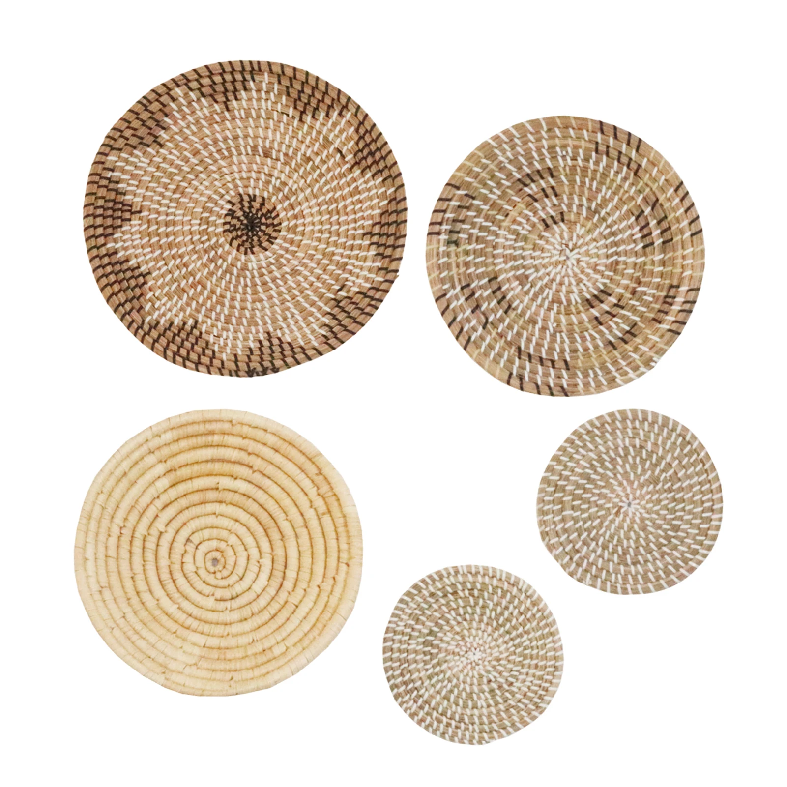 

5PCS Wall Basket Décor Large Boho Wall Decoration 8 To 14 Inch Hangings Wall Baskets Room Ornaments Round Woven Wicker Baskets