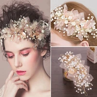 bride wedding hair accessories gorgeous flower headbands braided hair vine pearl headpiece hair ornament for women girls