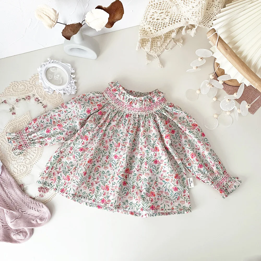 

New Fashion Flower Printed Baby Girl Long Sleeve Blouse Infant Loose T Shirts Cotton Princess Smocking Shirts For Girls Clothes