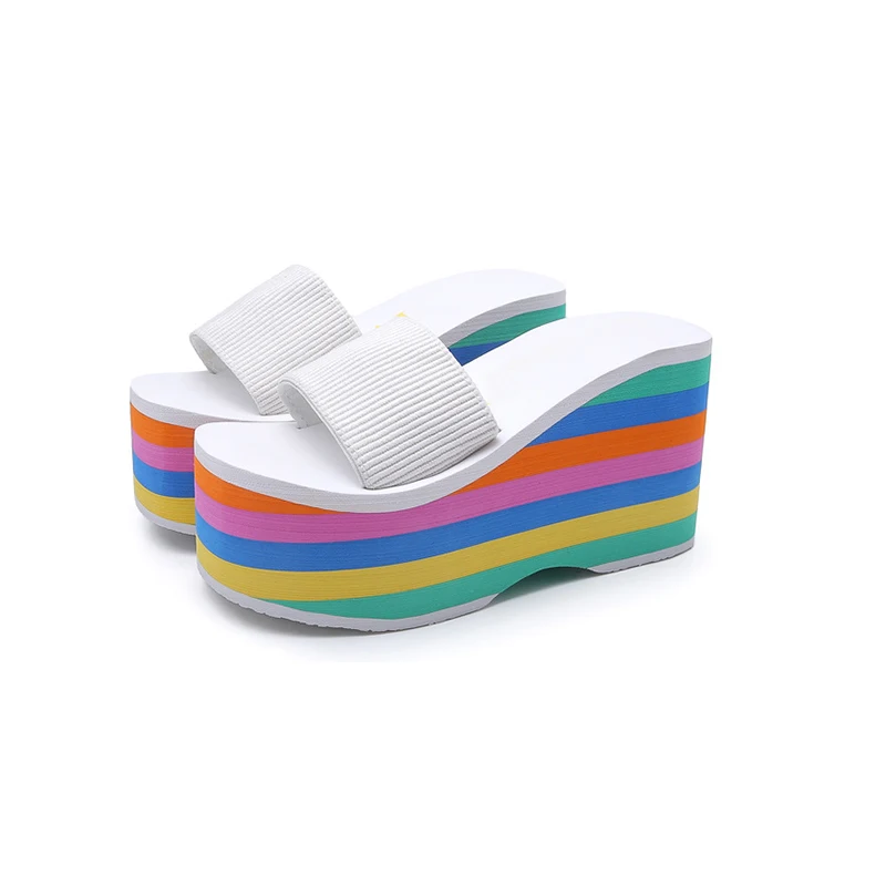 ew mody tęczowe z wystającym palcem 9cm ciasto kapcie na obcasie dla kobiet elastyczne tkaniny kliny piankowe szpilki kobiece slajdy