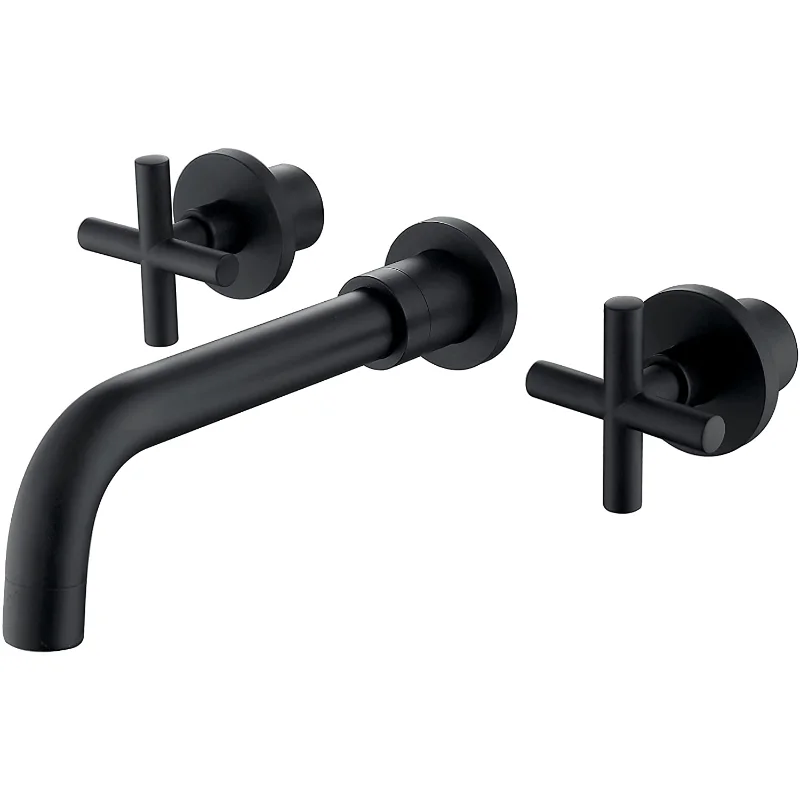 

Ouble Handle Wall Mount Bathroom Faucet Matte Black Matte Black Brass [US Stock]