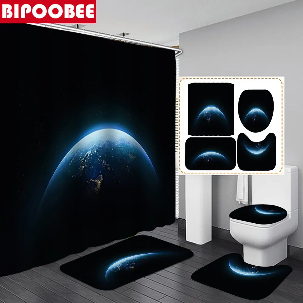 

Dark Universe Blue Earth 3D Shower Curtains Bathroom Curtain Set Beautiful Planet Toilet Seat Cover Non-Slip Rugs Bath Mats