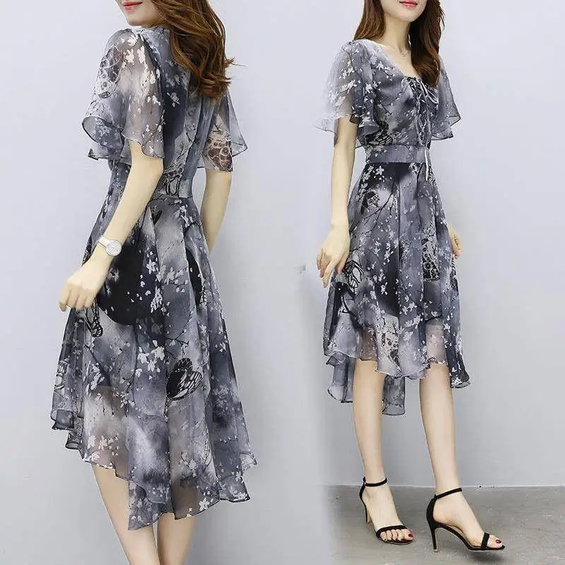 Women Chiffon Print Dress 2022 Spring New Office Lady V-Neck Flare Sleeve Slim Knee-Length Vestidos Female Summer Clothes