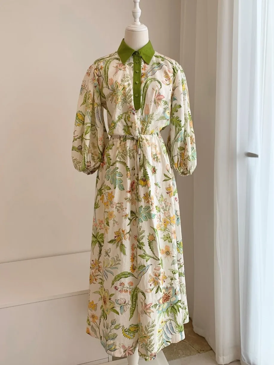 

Women Floral Printed Turn Down Collar Lantern Sleeve Loose Midi Dress