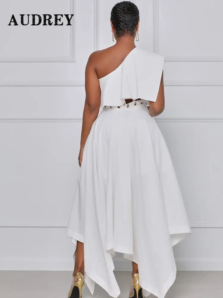 Plus Size One Shoulder Ruffle Sleeve A-line Maxi Dress Women Cutout Bandage Backless Irregular Evening Party Dress Prom Vestidos