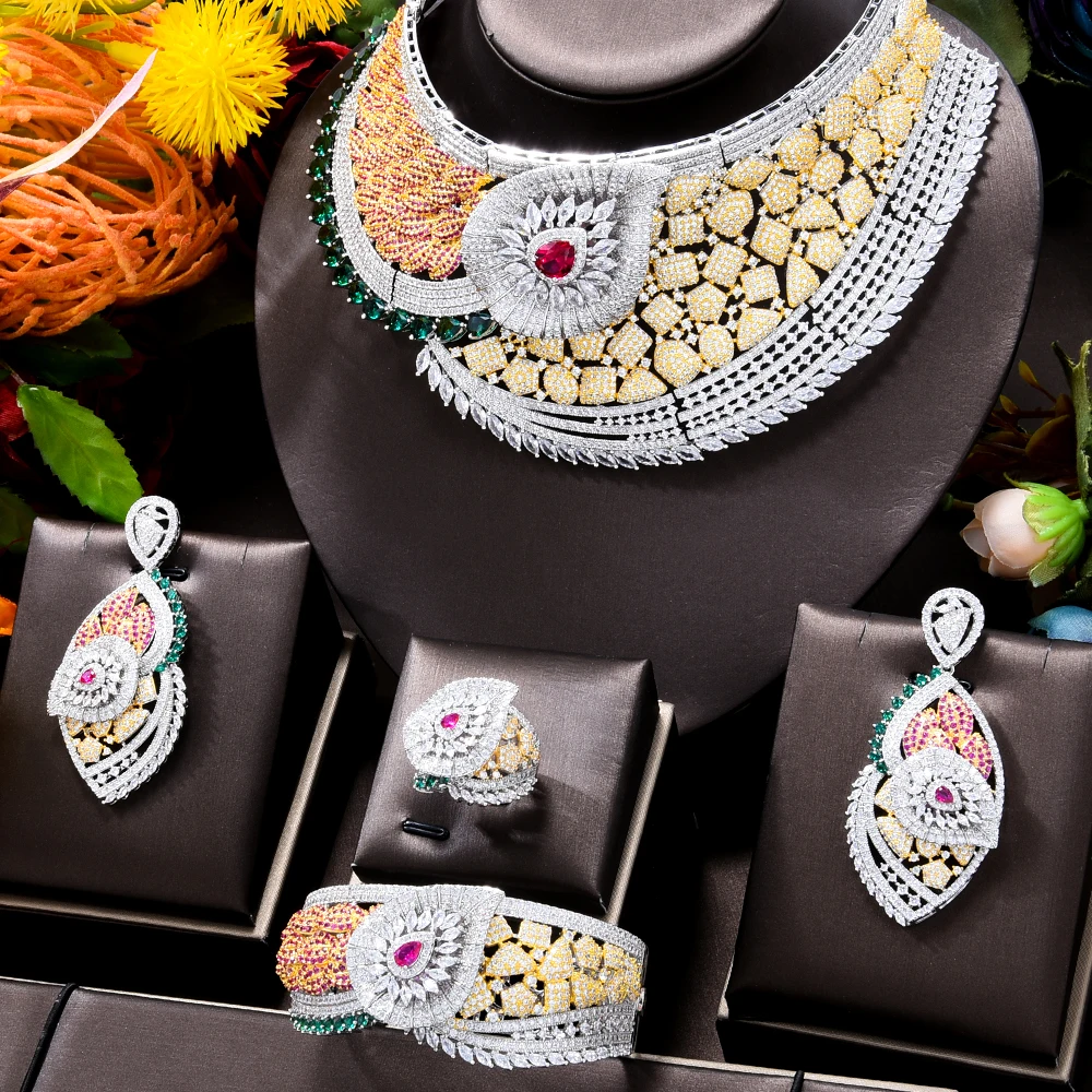 

Jimbora Original Luxury Dubai 4PCS Necklace Bracelet Earrings Ring Jewelry Sets Cubic Zirconia For Woman Wedding Engagement