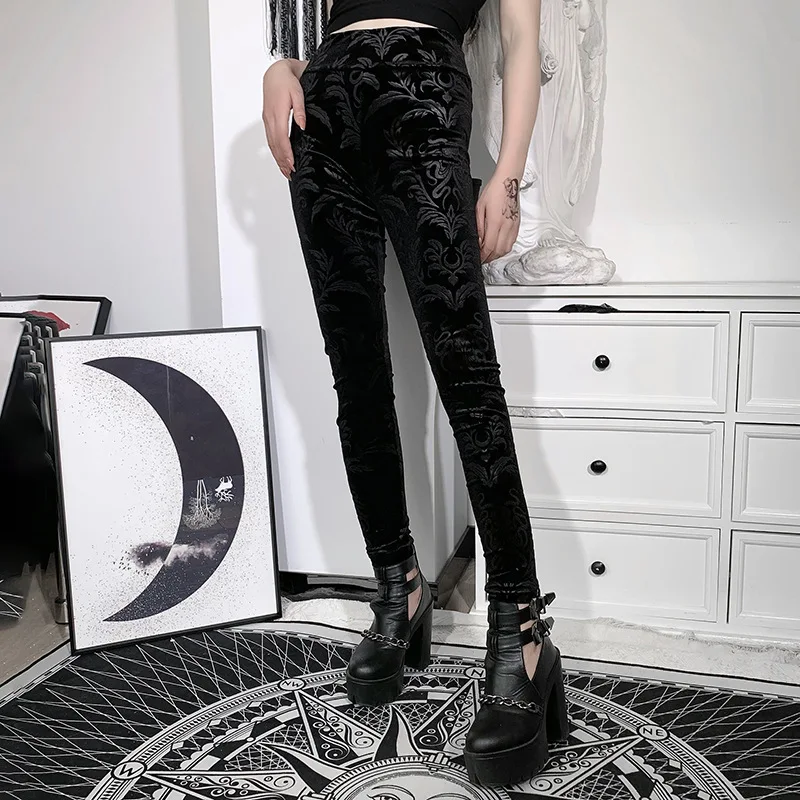 Dark Gothic Slim Fleece Legging Women 2023 Sexy Black Suede Embossing Long Skinny Legging Goth Indie Big Flower Printed Bottoms
