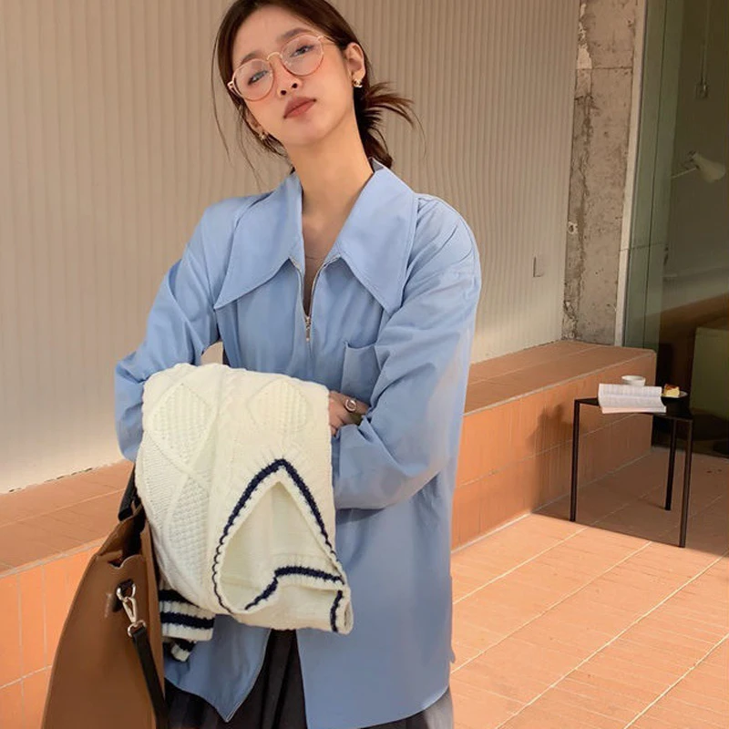 

Блузка женская с длинным рукавом, однотонная, на молнии, свободного покроя